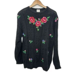 Needles & Yarn Floral Grandma Sweater Black Roses Cottagecore Coquette size M